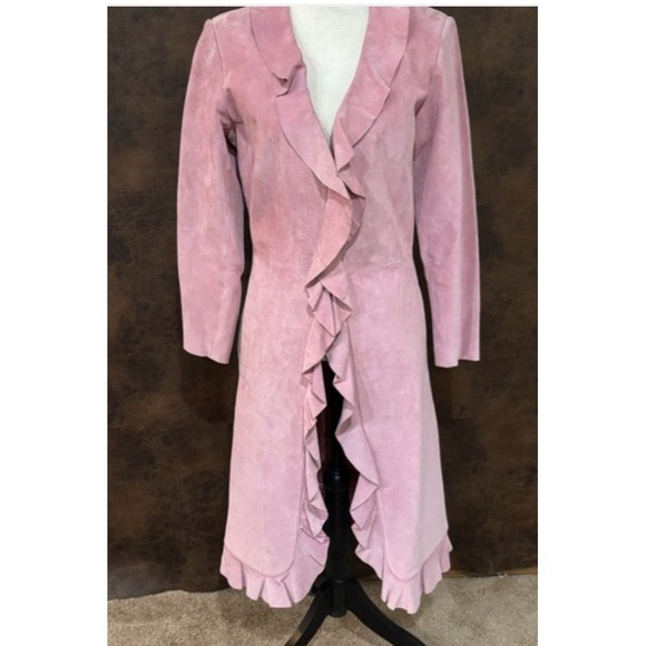 margaret godfrey Jackets & Blazers - Vintage Margaret Godfrey Pastel Pink Leather Ruffled Trench Coat Pockets Size 4